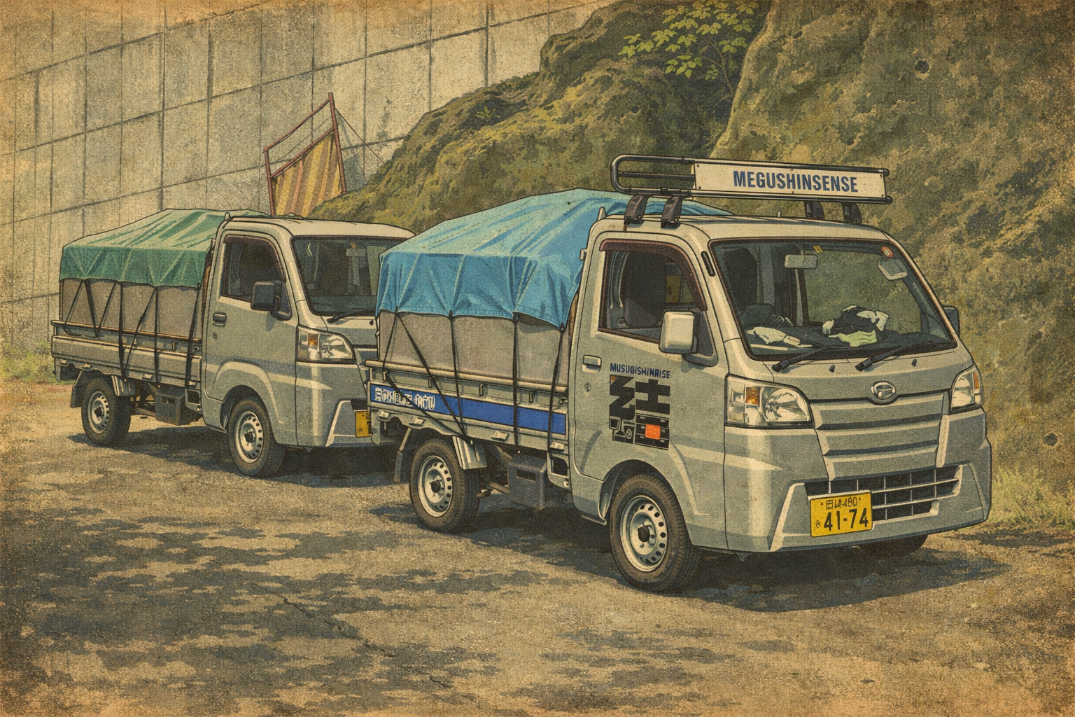 昭和時代の軽トラック並ぶ景色