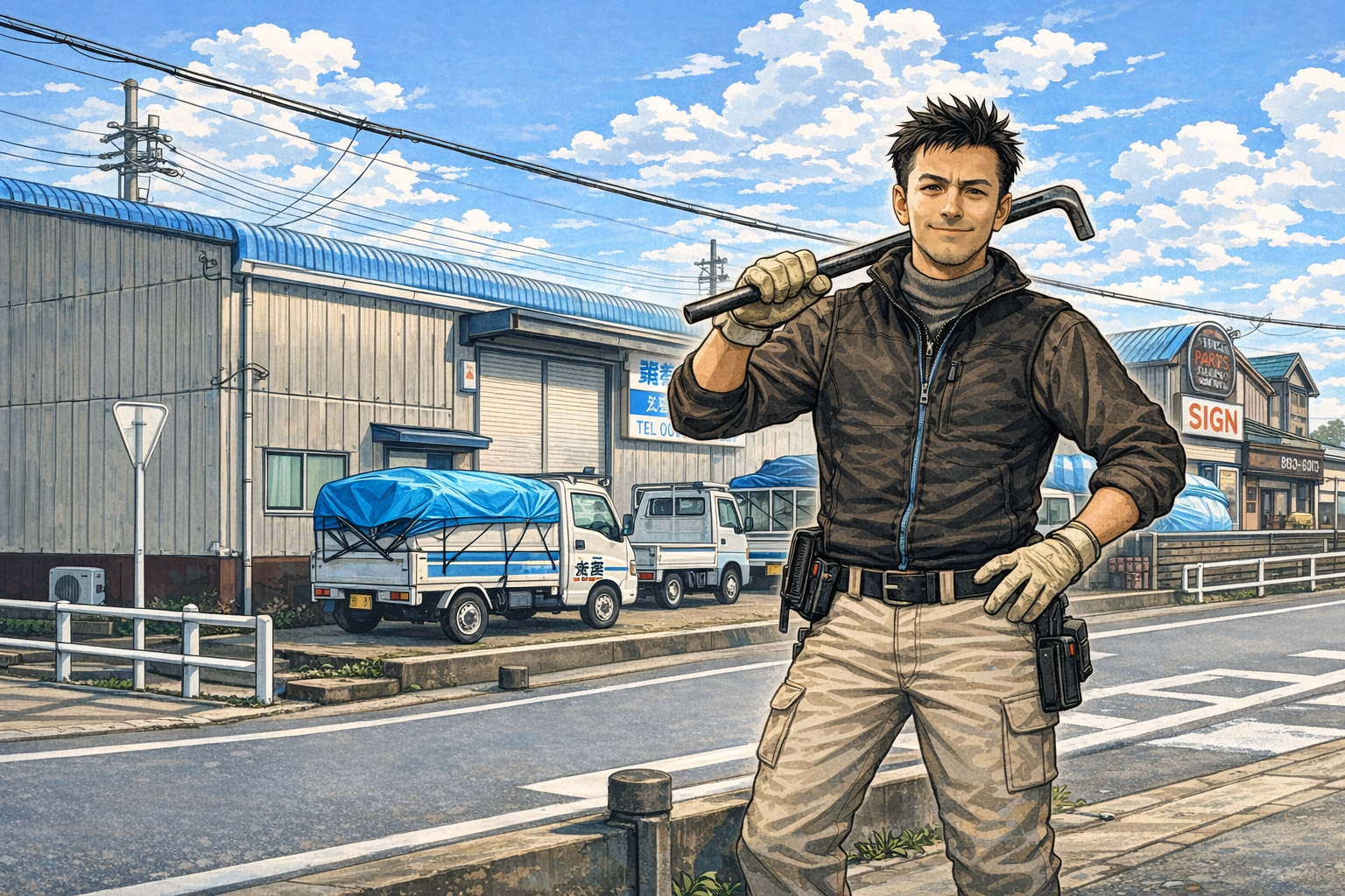 倉庫前の自信たっぷりな働き手